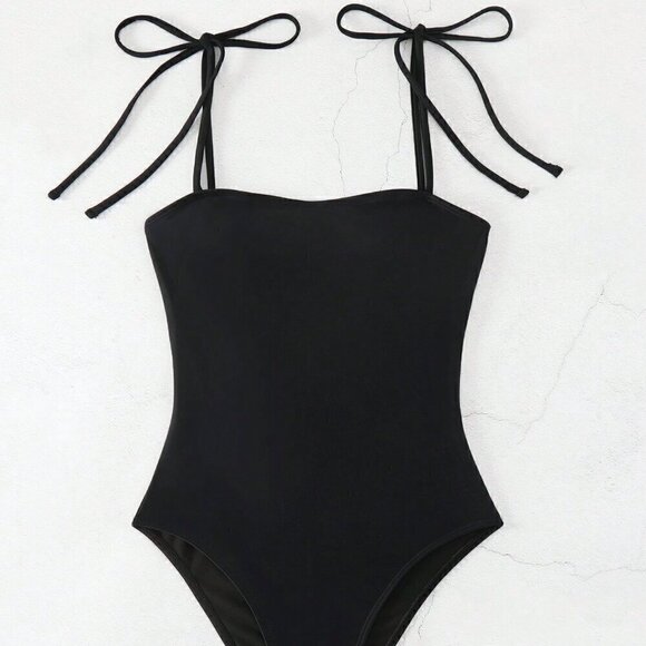 Black Vacation Style Women's Swim Summer Beach Solid Color One-Piece Swimsuit - Picture 2 of 5